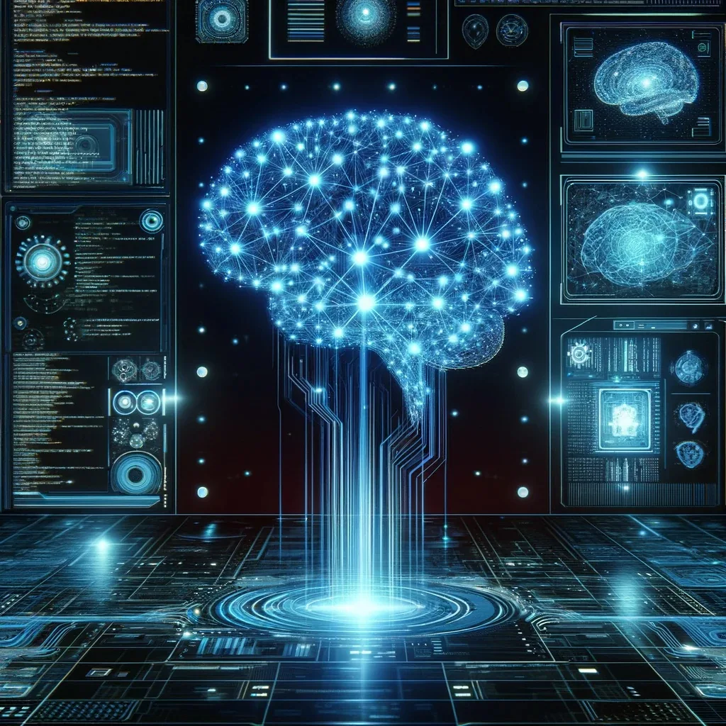 Illustration of a glowing digital brain above a holographic AI interface