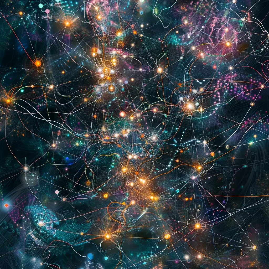 Glowing neural network of gold and blue nodes connected by fine light trails